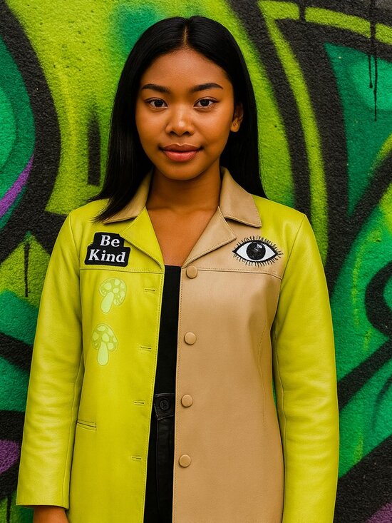 Hand-Painted Upcycled Leather Blazer | Neon Yellow + Cream | Unique Artsy Street - Picture 8 of 12